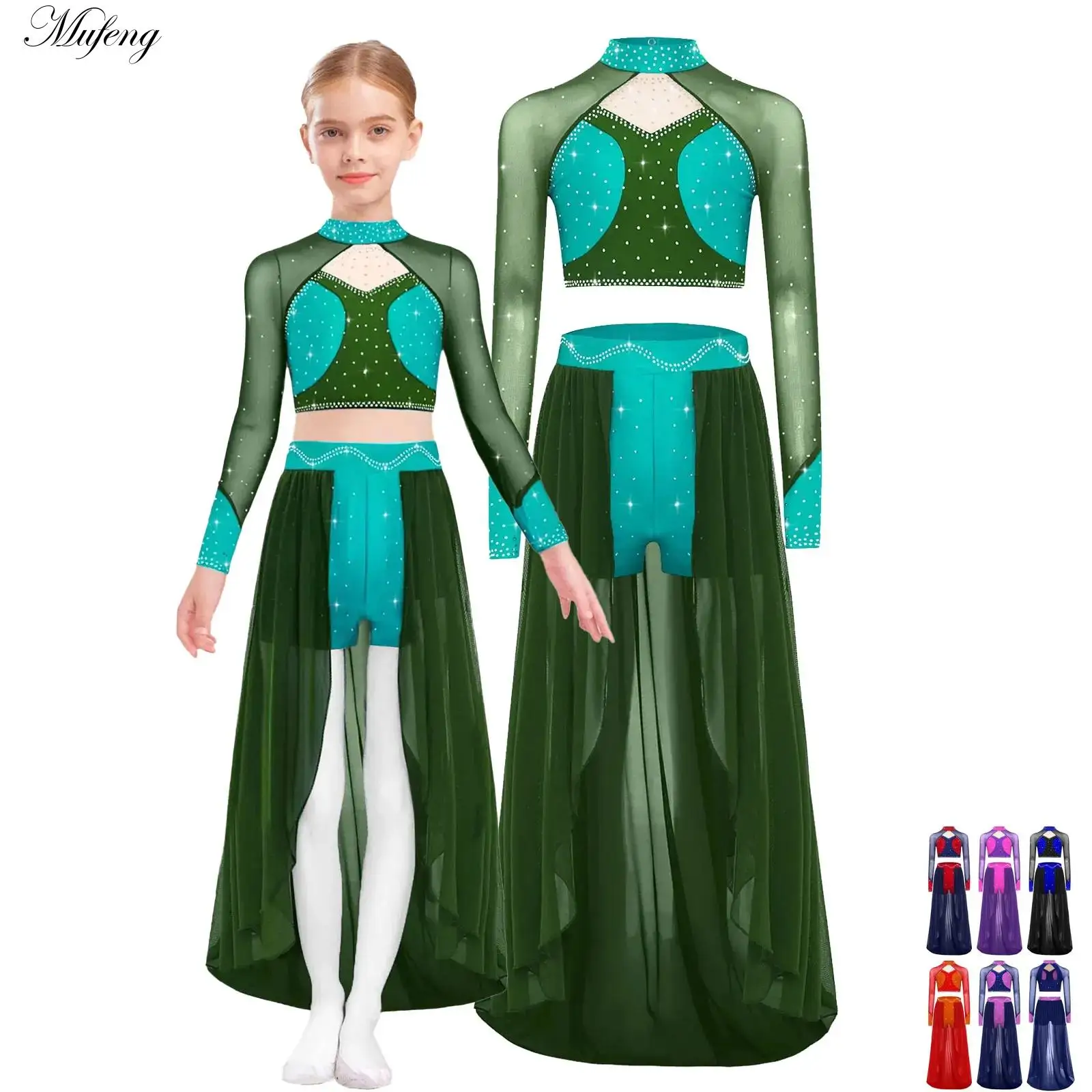 Robe de Ballet de patinage artistique pour enfants filles, haut court en maille transparente avec strass + justaucorps à jupe, Costume de danse lyrique