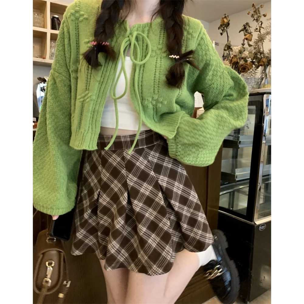 Conjunto de suéter de cardigan manga comprida feminino, suéter solto, cor sólida, padrão floral, verde, moda