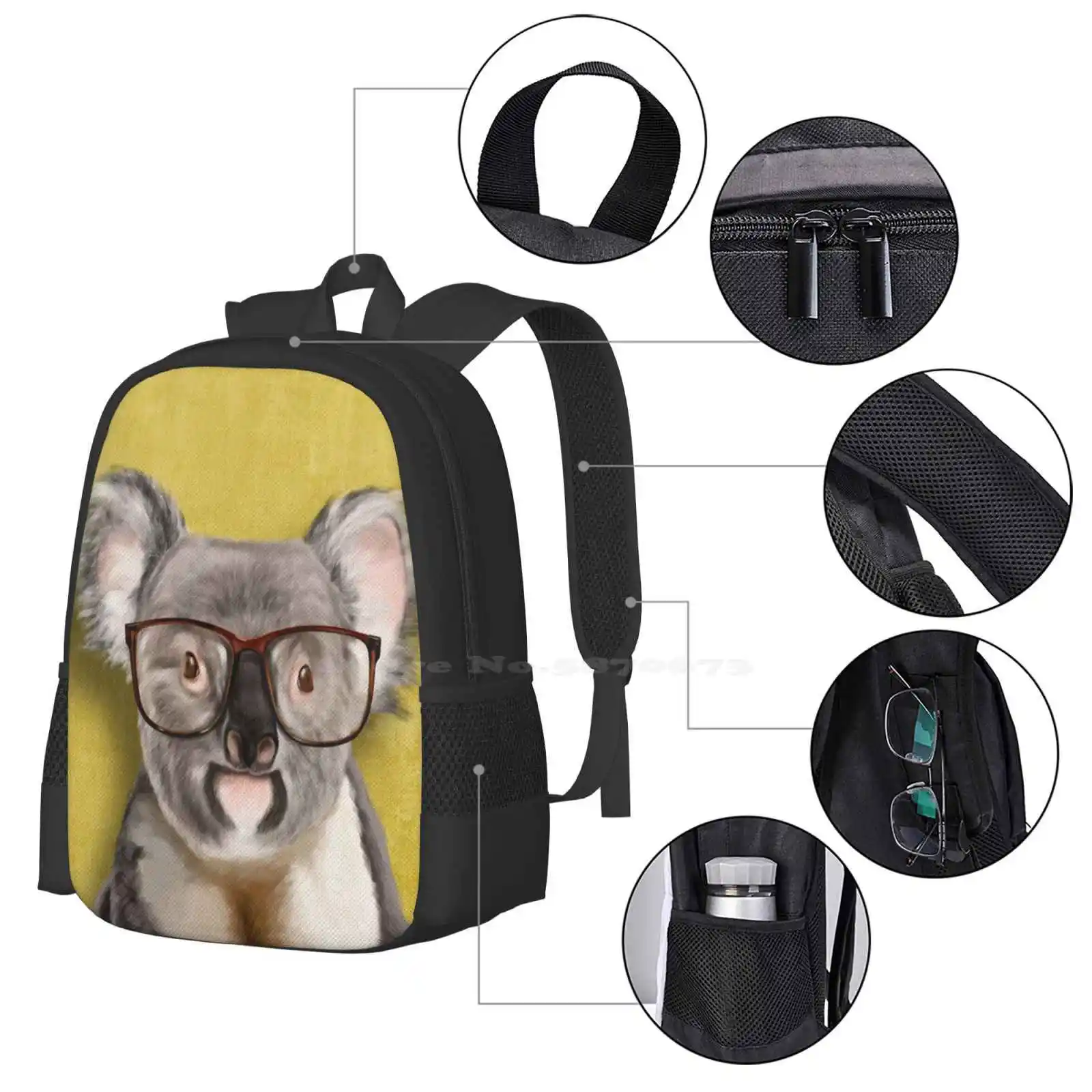 Mr Koala-mochila escolar de gran capacidad para ordenador portátil, bolsa con gafas amarillas para mascotas, osito de peluche, Koala de raza divertida, retrato de Koala