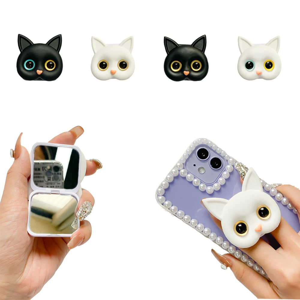 3D Cat Phone Stand Cute Vanity Mirror Ring Mobile Holder For iPhone 13 12Pro Max X 8 Xiaomi Realme Samsung Girl Gift Portable