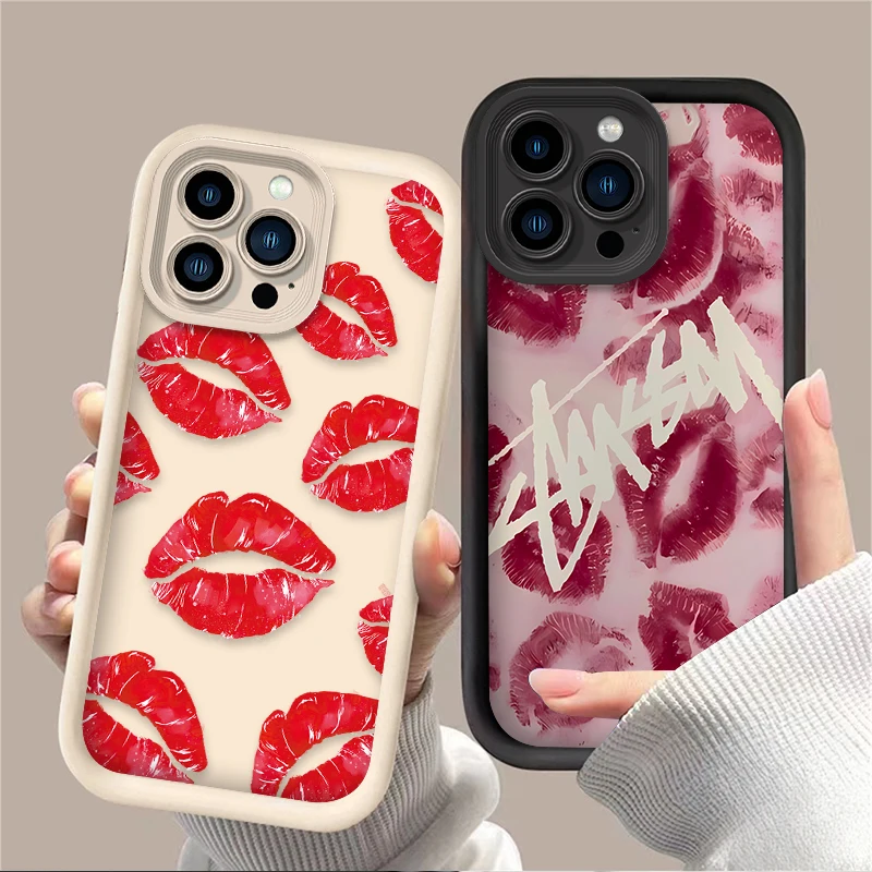 Sexy Red Lips Kiss Print Phone Case for iPhone 14 15 Pro Max 13 12 11 X XS XR 7 8 Plus SE 2020 Matte Printing Silicone Back Capa