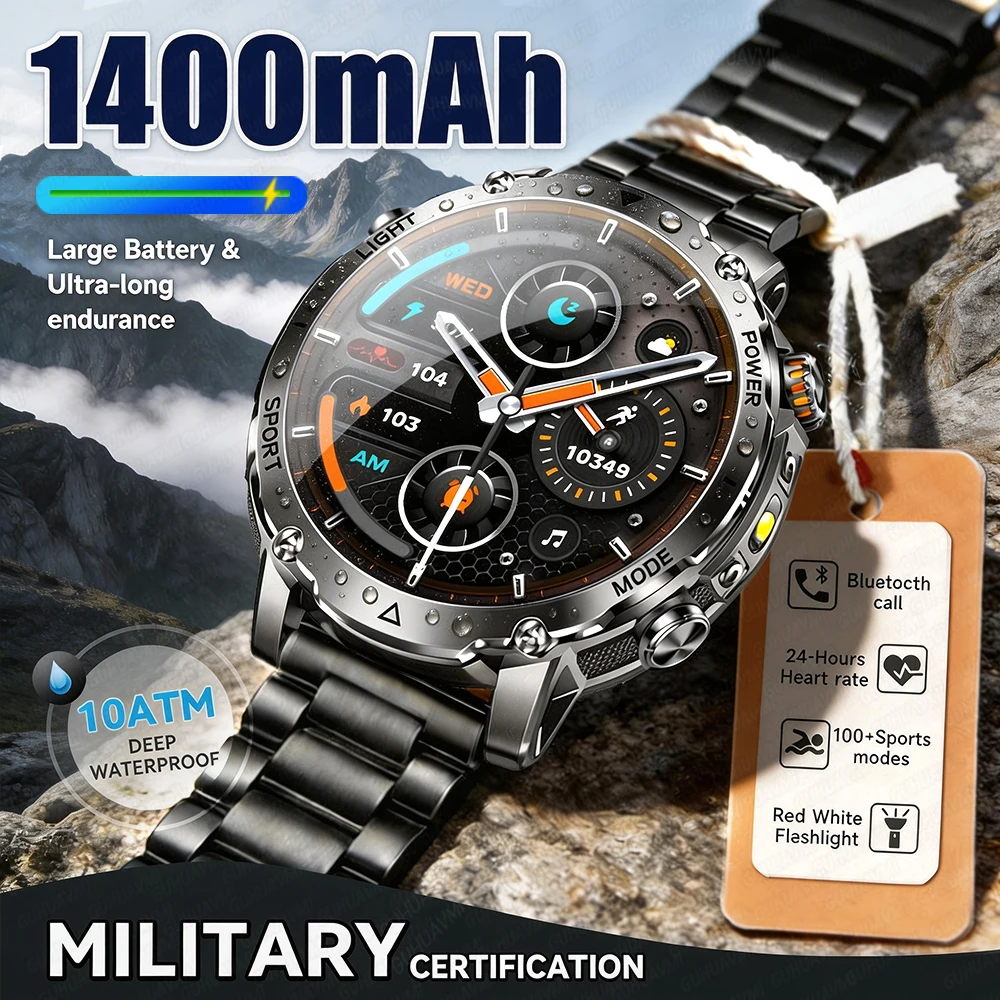 

Новые умные часы для мужчин с GPS-трекером, водонепроницаемые до 10ATM, с фонариком, функцией звонков, аккумулятором 1400 мАч, для активного отдыха и военных задач, красно-белые