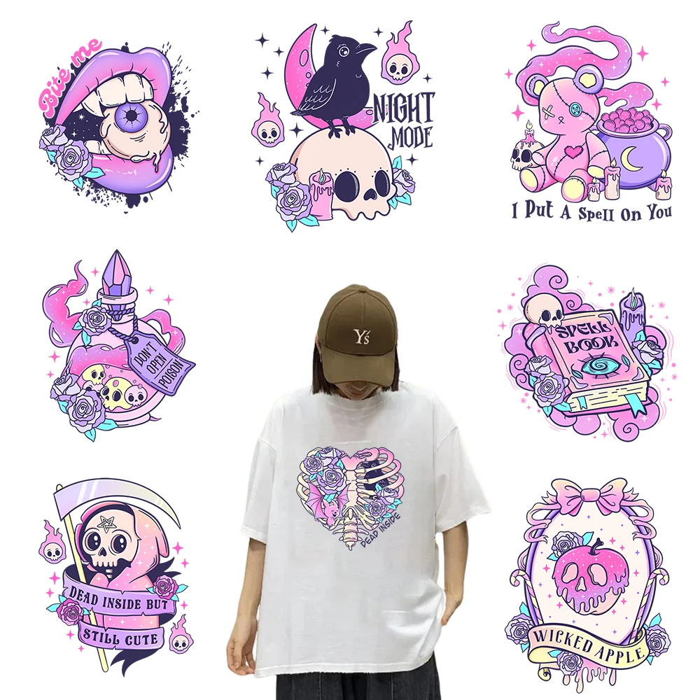 Pink Halloween Pattern Fashion Patches Iron-On Transfers For Clothing Thermoadhesive Vinyl Decals Stickers Diy