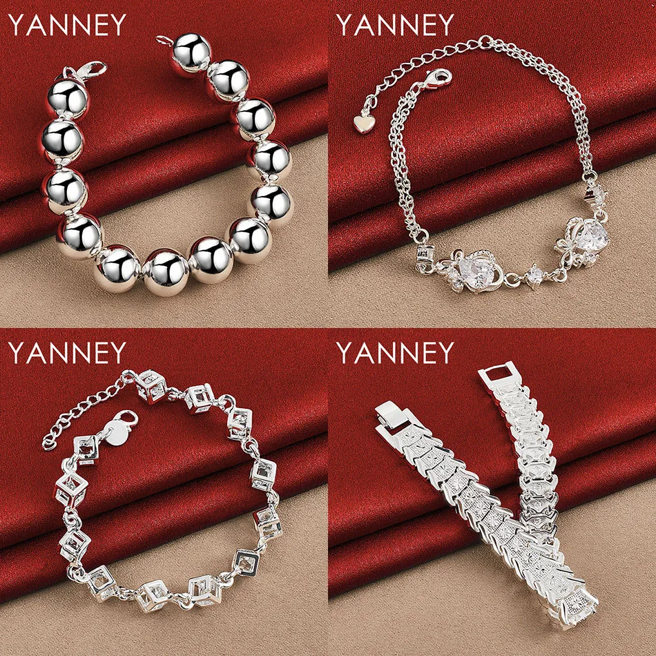 

Charm 925 Sterling Silver 8 Inch Exquisite Round Bead Square Zirconia Bracelet Women Fashion Party Accessories Jewelry