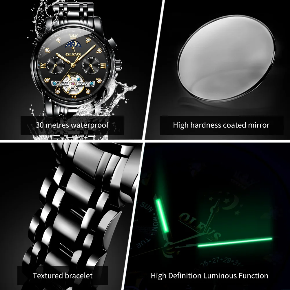 OELVS 6678 Men's Watches Luxury Original Automatic Mechanical Tourbillon Watch for Man Waterproof Luminous Date Week Moon Phase image 5