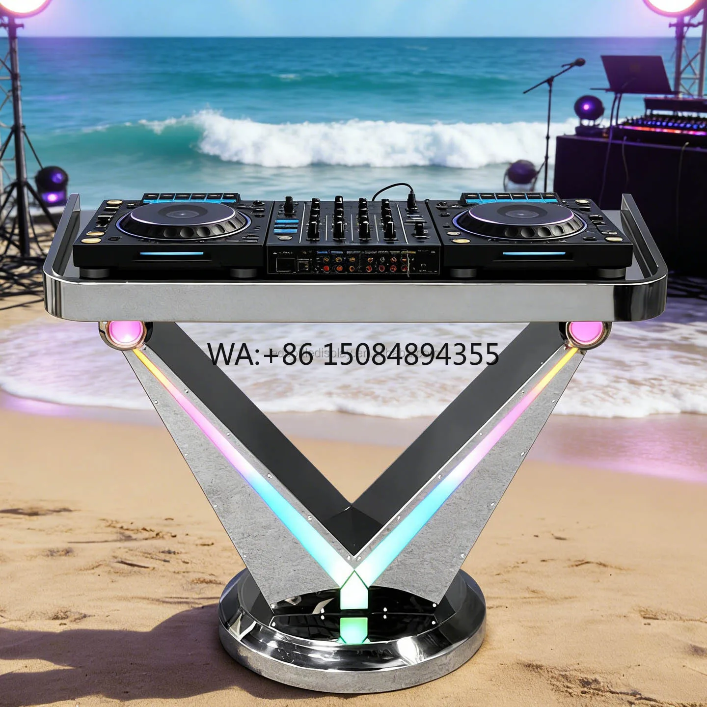 LiqVis Mobile Contemporary Luxury DJ Booth Table Personalized Logo LED Mirror Chrome Steel Stage Console for Party Event