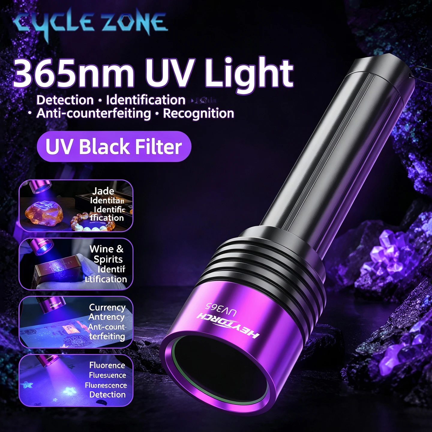 365nm UV Flashlight Ultraviolet Torch Blacklight Purple Light Nail Lamp Pets Urine Cat tinea Money Ore Marker Detection Light