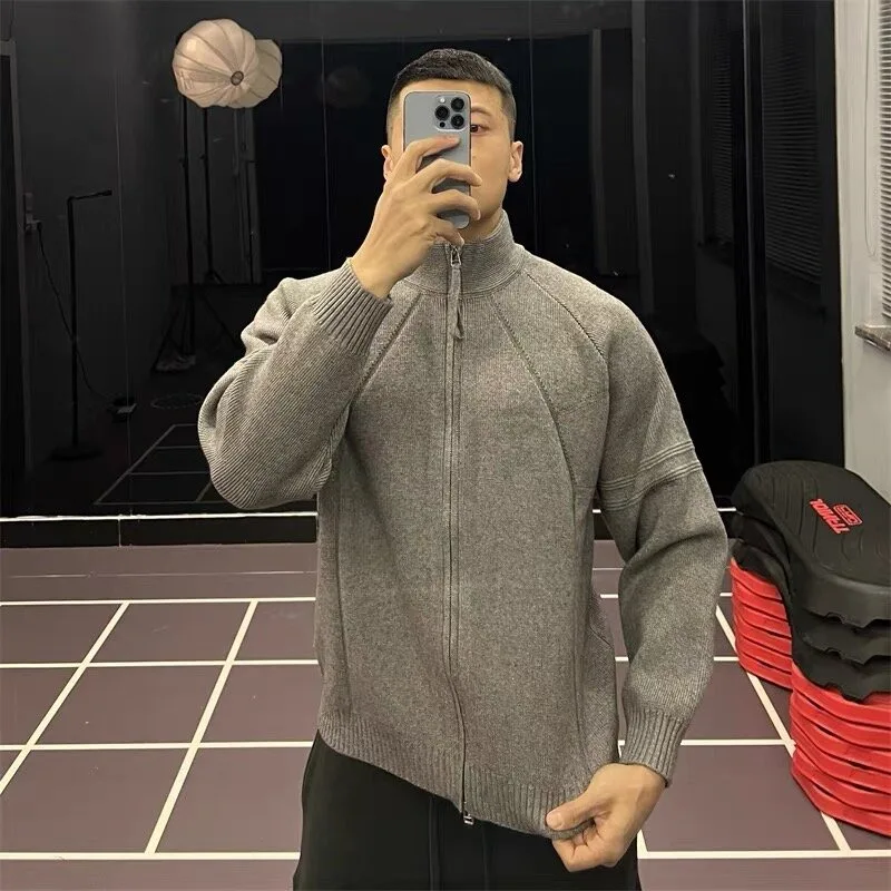 

Thiened вязаный спортивный кардиган на молнии для мужчин, осень-зима, большой размер f, модный топ с высоким воротником