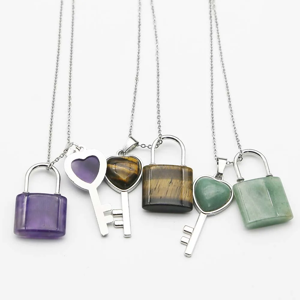 Natural Stone Crystal Heart Silver Key Lock Set Pendant Stainless Steel Chain Necklace Charms Jewelry Accessories Wholesale 4set