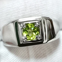 Natural Green Peridot Men Ring 925 Silver Well Polished 5.5mm Gemstone August Lucky Stone Birthstone R503GPN