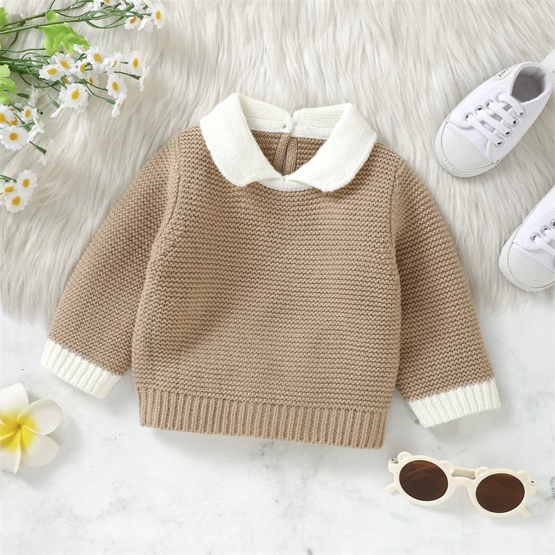 Baby Autumn Winter Xmas Knit Sweaters Long Sleeve Lapel Collar Contrast Color Pullover Infant Fall Tops