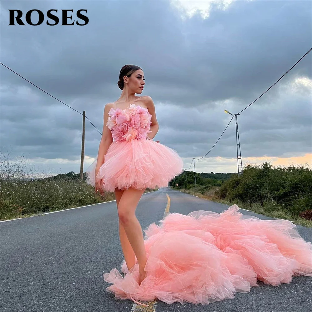 ROSES Pink High Low Evening Dresses A Line Charming Prom Dress Pleat Net Party Dresses with Detachable Tail vestidos de noche