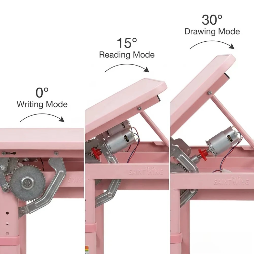Children's metal learning desk with 3 motors, adjustable height, tilted top bookshelf, pink and blue, for school use