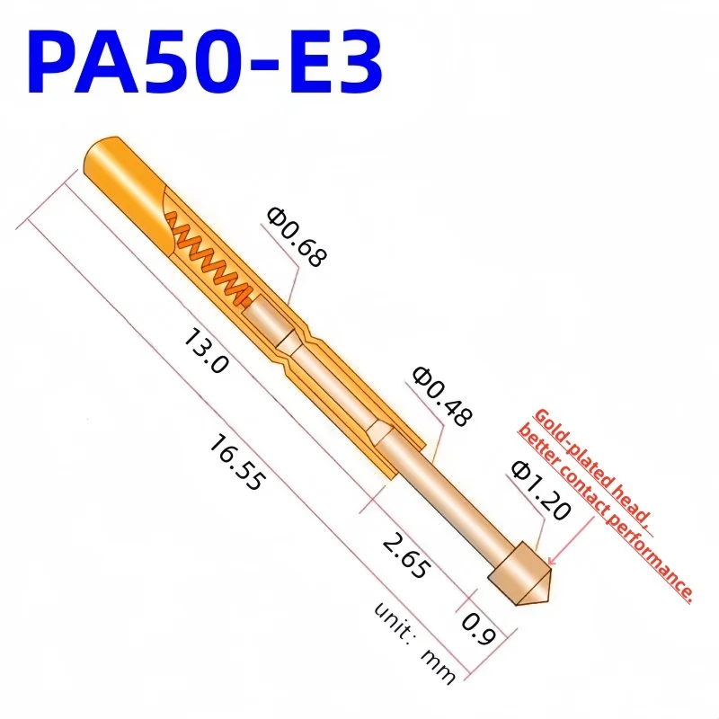 20/100PCS PA50-E3 Spring Test Probe PA50-E PCB Test Pin Test Tool 16.5mm Dia0.68mm Gold Needle Tip Pogo Pin P50-E P50-E3 1.20mm