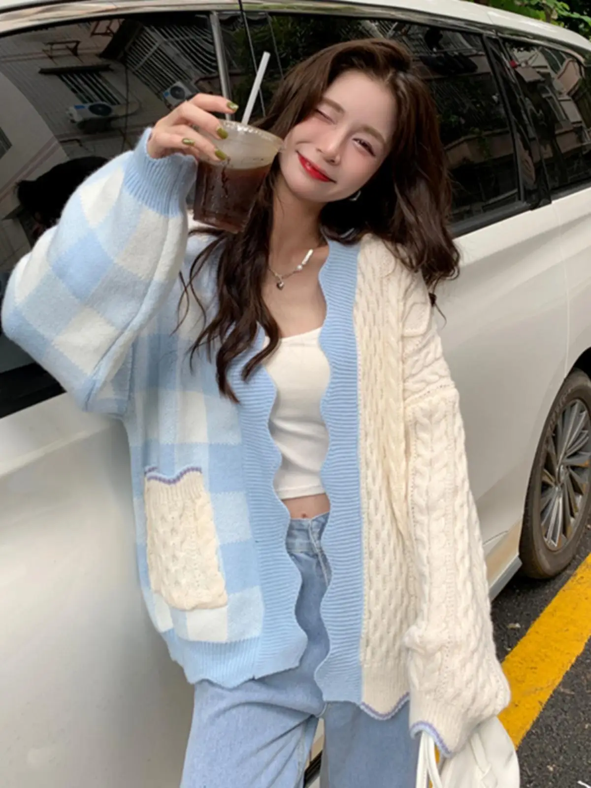 Blue Spliced Color Cardigan Sweater For Women Autumn Winter Knitted  Sweet Top Japanese Style Female Pink Mid-Length Wear Coat