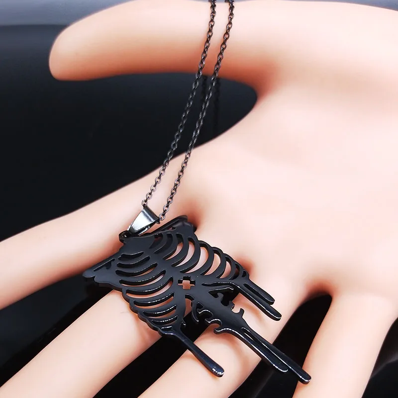 Gothic Skull Stainless Steel Necklace for Men Black Color Thoracic Rib Necklaces Pendants Jewelry colgante hombre ZZZ957-QKC