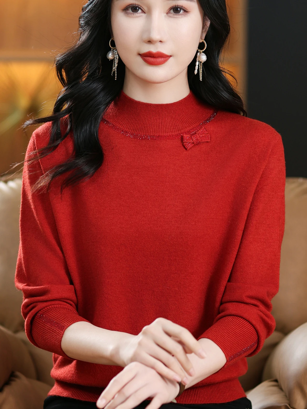 

Faionable Midlife Mom Autumn Winter Wool Blend Loose Knitted Base irt round Ne Color Knitwear Comfortable Fit Cas...