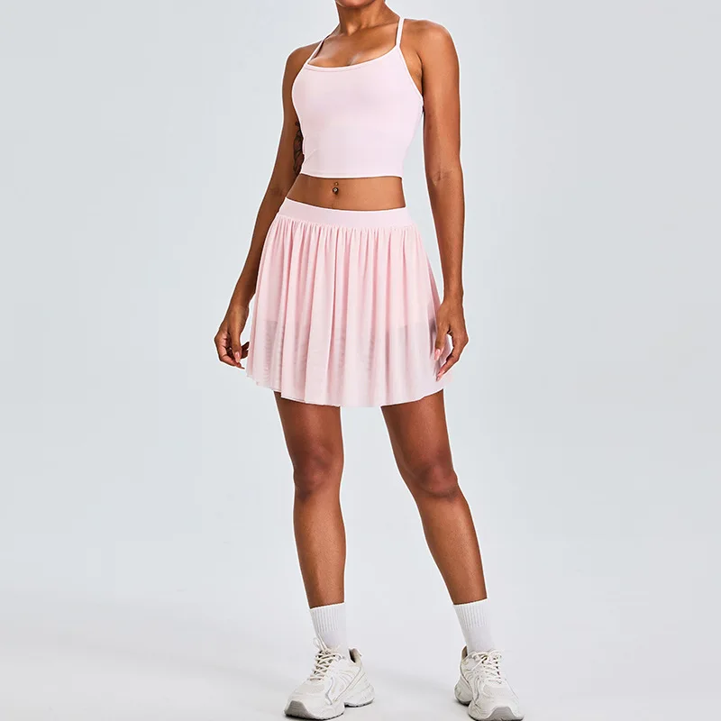Abbigliamento sportivo da 2 pezzi Gonna corta sportiva per il tempo libero Set da yoga Gonna da tennis a pieghe in rete foderata con cintura da donna Tuta da fitness push up da corsa