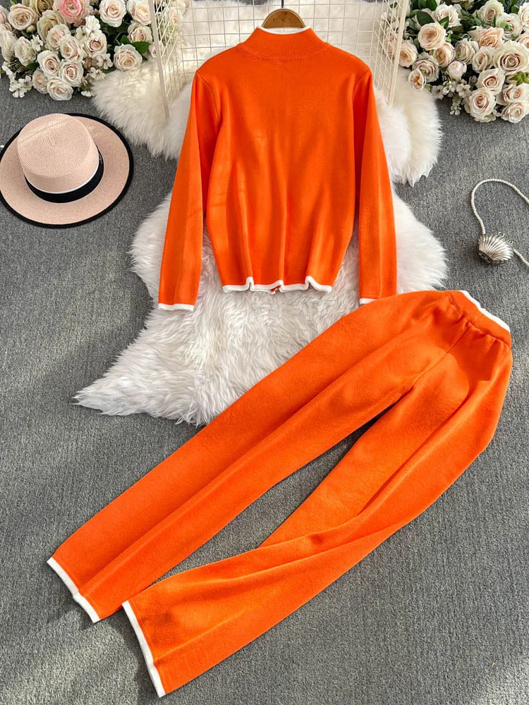 Women's Long Sleeved Knitted Sweater High Waist Slim Straight Leg Pants Two-piece Set Y2k Korean Autumn