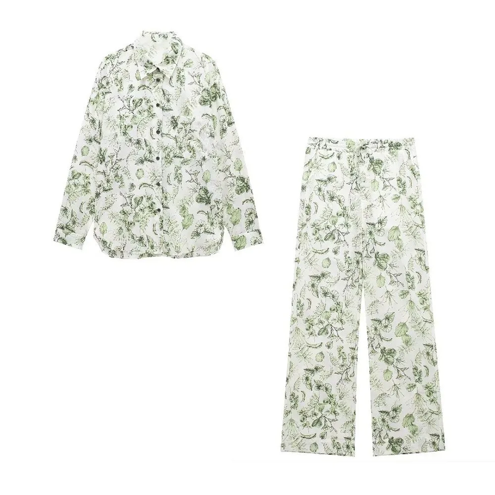 

ZBZA Women Loose Floral Print Shirt Trousers Set Lapel Single Breasted Blouse Lace-up Straight Pants Spring Summer New Chic Suit