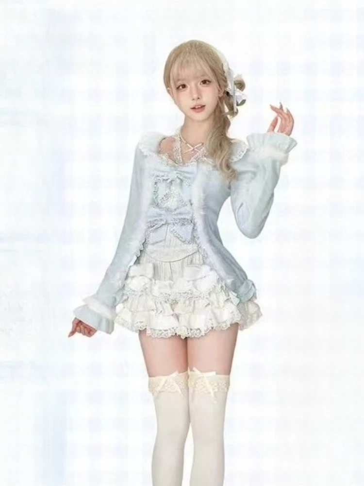 Herfst Japanse Zoete 3-delige sets Y2k Kawaii Vintage Boog kant Vrouwen Casual Y2k Caridgan Jassen + Sexy sling + Mini Rokken pak