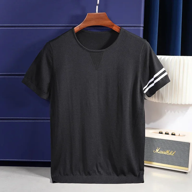 Summer Luxury Men's Business Fashion Round Neck Solid Color Mulberry Silk Cuff Striped Cool Design Short-sleeved T-shirt M-4XL