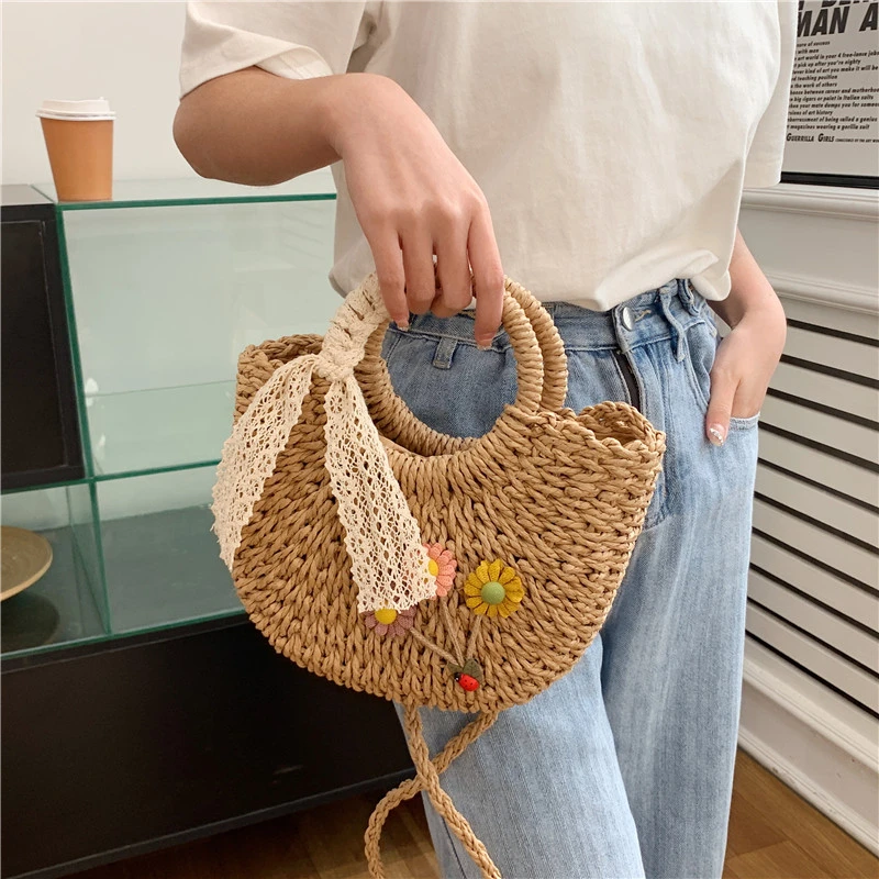 Bolsa de mão feminina, saco tecido à mão, saco tecido palha, em forma de lua, alça superior, para o verão, novo