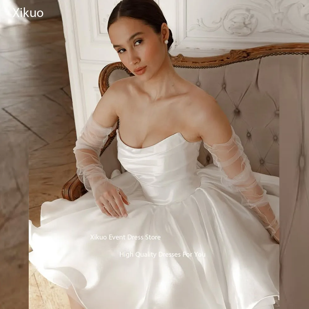 Xikuo Satin A-Linie Prinzessin Hochzeitskleid Plissee ärmellos zivile moderne Brautkleider gerafft schick Vestido De Novia angepasst
