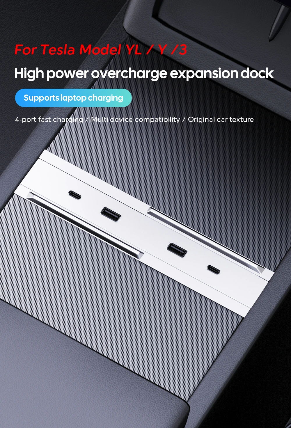 TESY Für Tesla Model YL Y Launch Juniper 65W Zentralsteuerungs-Typ-C-USB-HUB Schnellladestation Model 3 Highland Erweiterungsdock – Detail 2