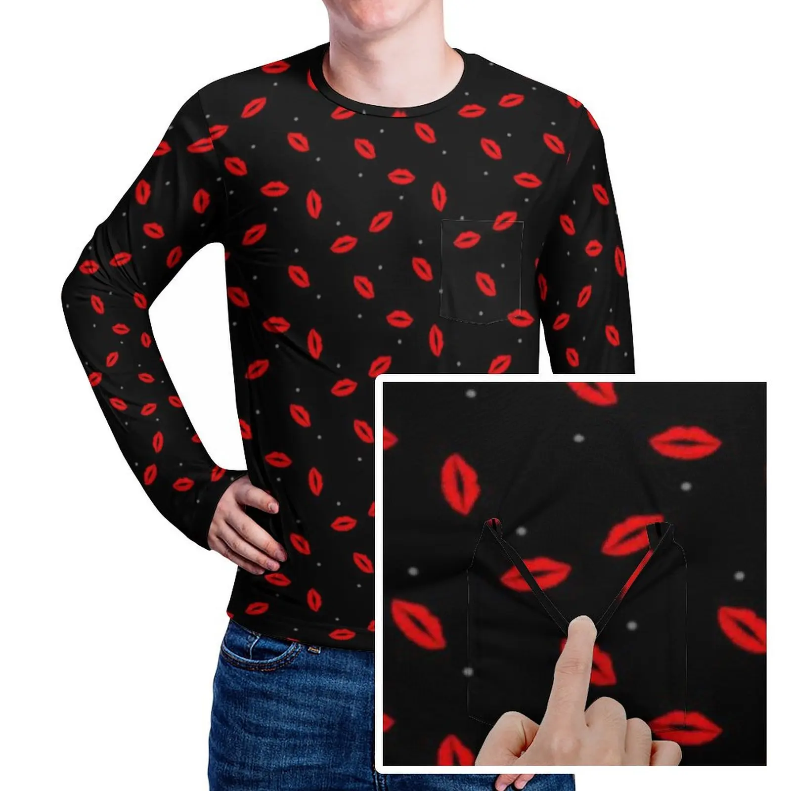 Red Lips Print T Shirt Lipstick Kiss Novelty T Shirts With Pocket Long Sleeve Pattern Tops Spring Funny Oversized Tees