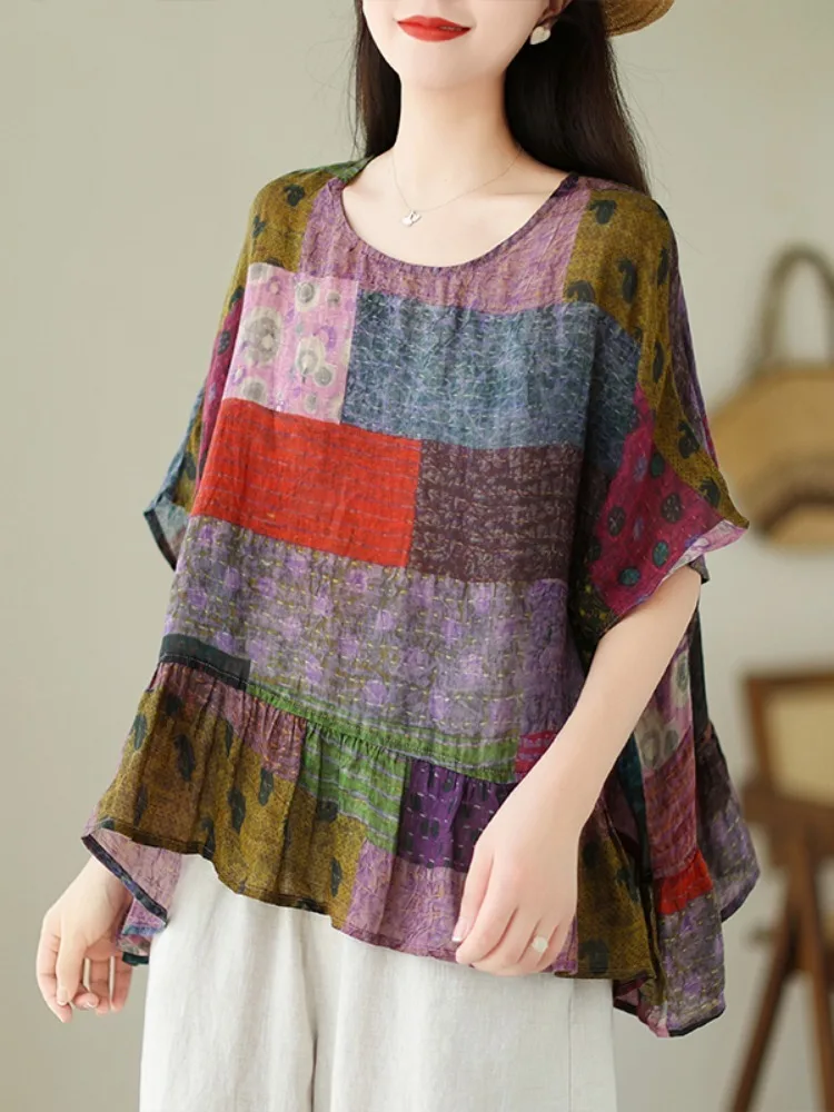 

Summer Fashion T Shirts Women Classic Loose Printed Linen Blouses Ladies Elegant Vintage Casual Big Size Tops 2024