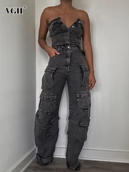 VGH Patchwork Pockets Denim Jumpsuits For Women Strapless Sleeveless Off Shoulder High Waist Casual Fashion Jumpsuit Female New