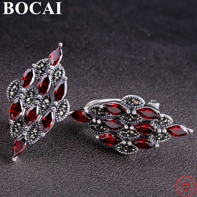 

BOCAI S925 Sterling Silver Earrings for Women New Fashion Rhombus Garnet Ear Studs Pure Argentum Jewelry