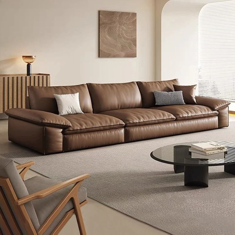 Leather sofa, Italian minimalist retro style living room modern minimalist office sailing boat straight row leather cloud sofa