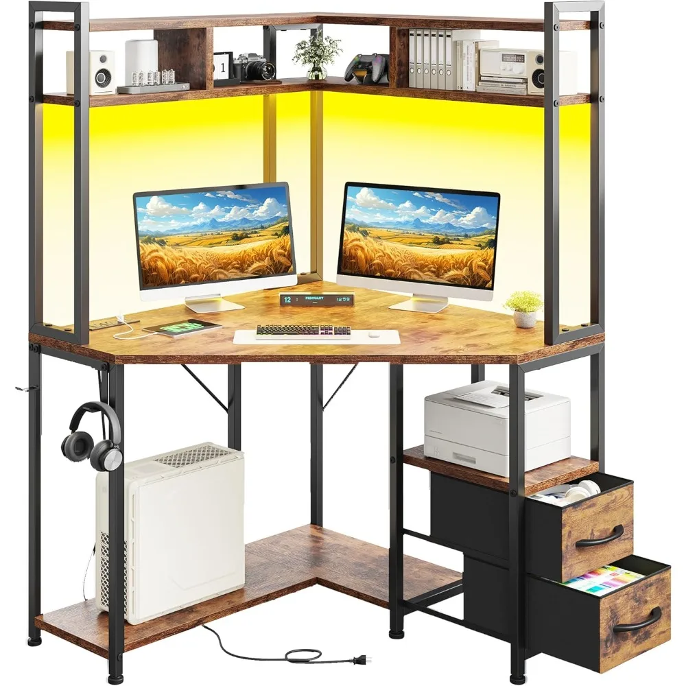 

Corner Desk,35.4 W x 63 H Small Computer Desk and Office Desk with Hutch & LED Lights，Gaming Desk with Storage Drawers & Shelves