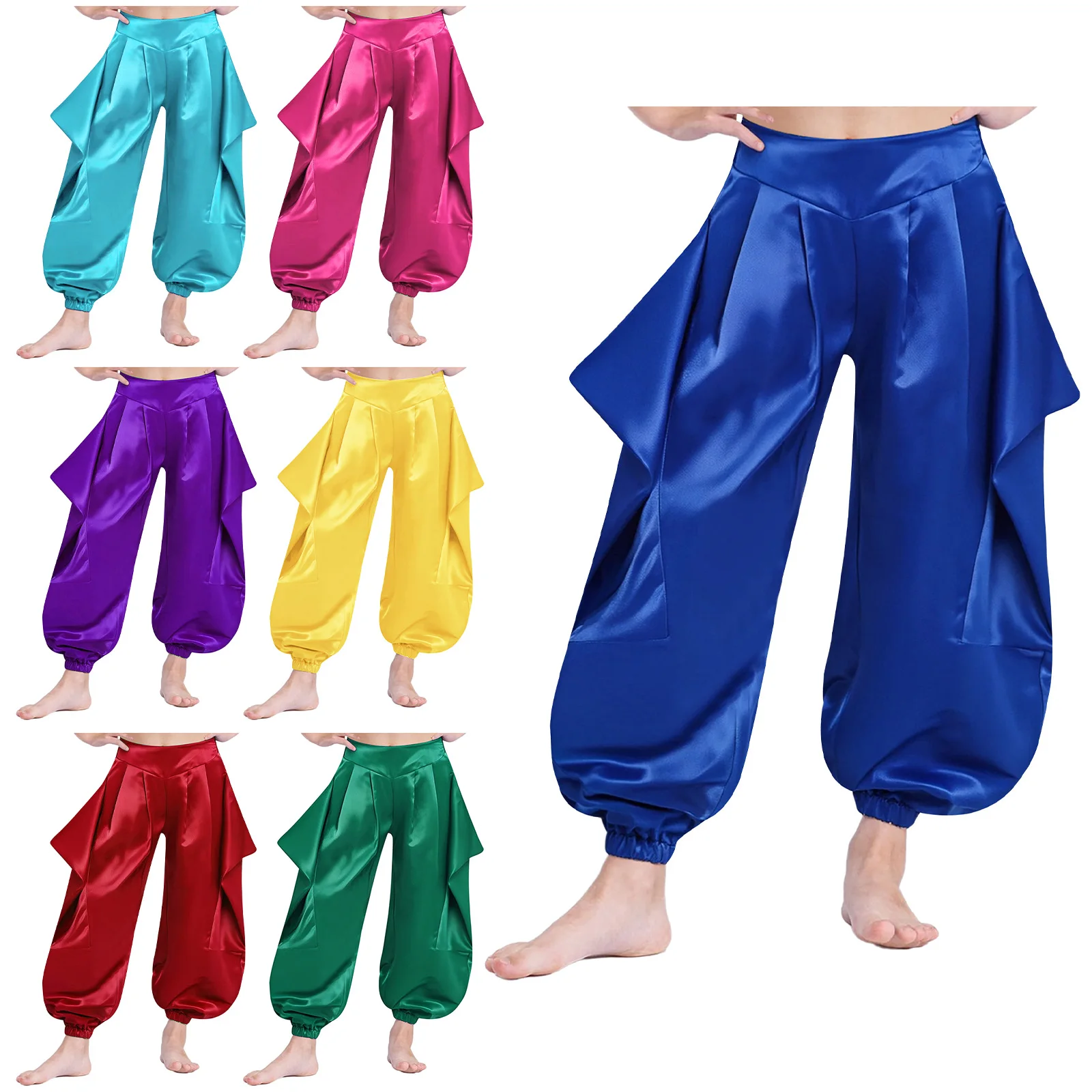 キッズガールズベリーダンスパンツインドダンス練習パフォーマンスボトムス無地フリルハーフ弾性ウエストバンドハーレムパンツ