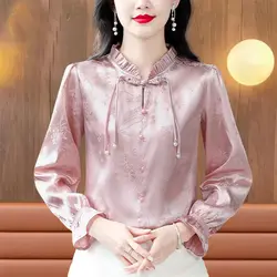 Fashion Elegant Chinese Style Women's 2024 Spring and Autumn New Spliced V-neck Button Fashion Solid Casual Long Sleeve Blouses