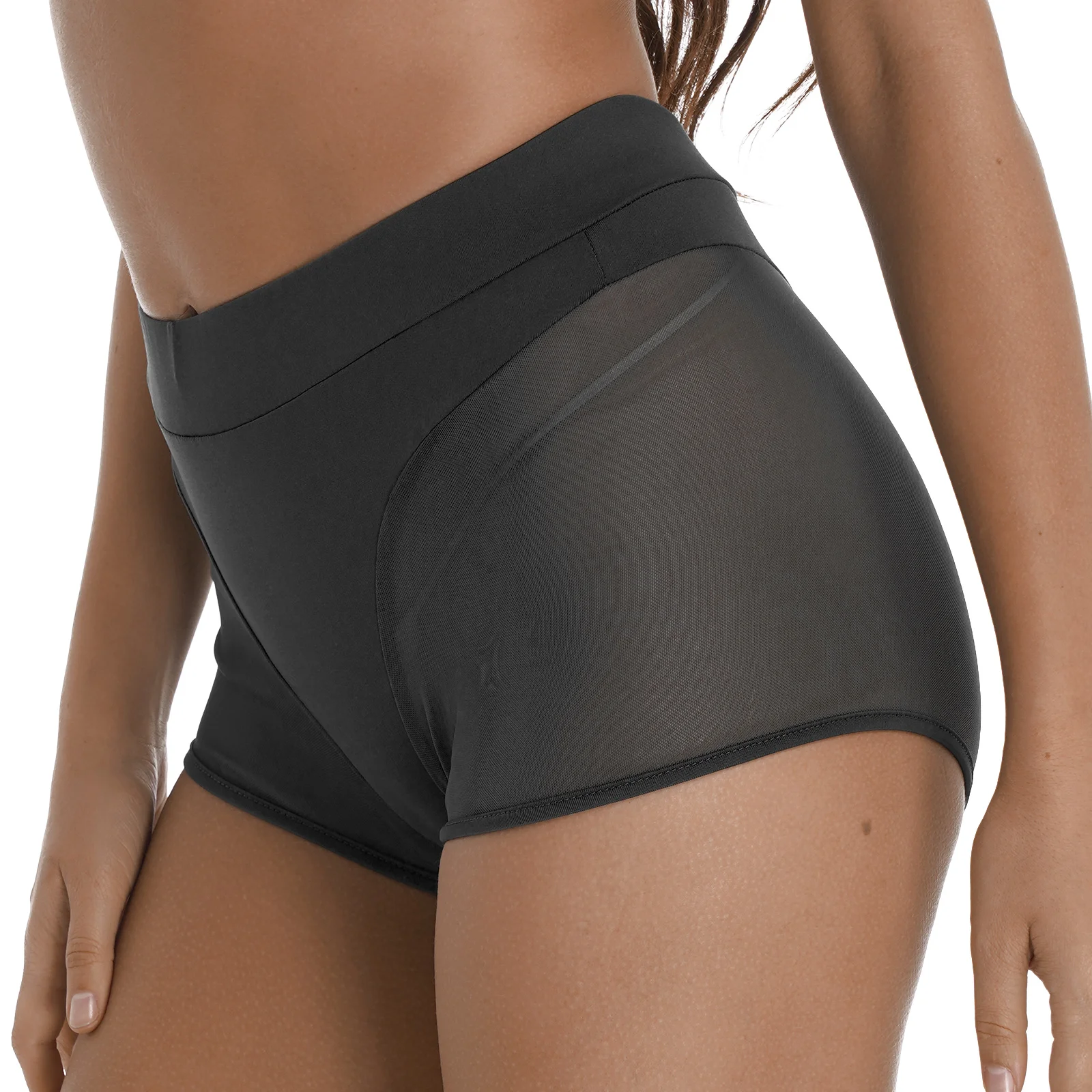 Women High Waist Elastic Waistband See-through Mesh Patchwork Stretchy Sport Shorts Bottom Yoga Gym Shorts Dance Sportswear