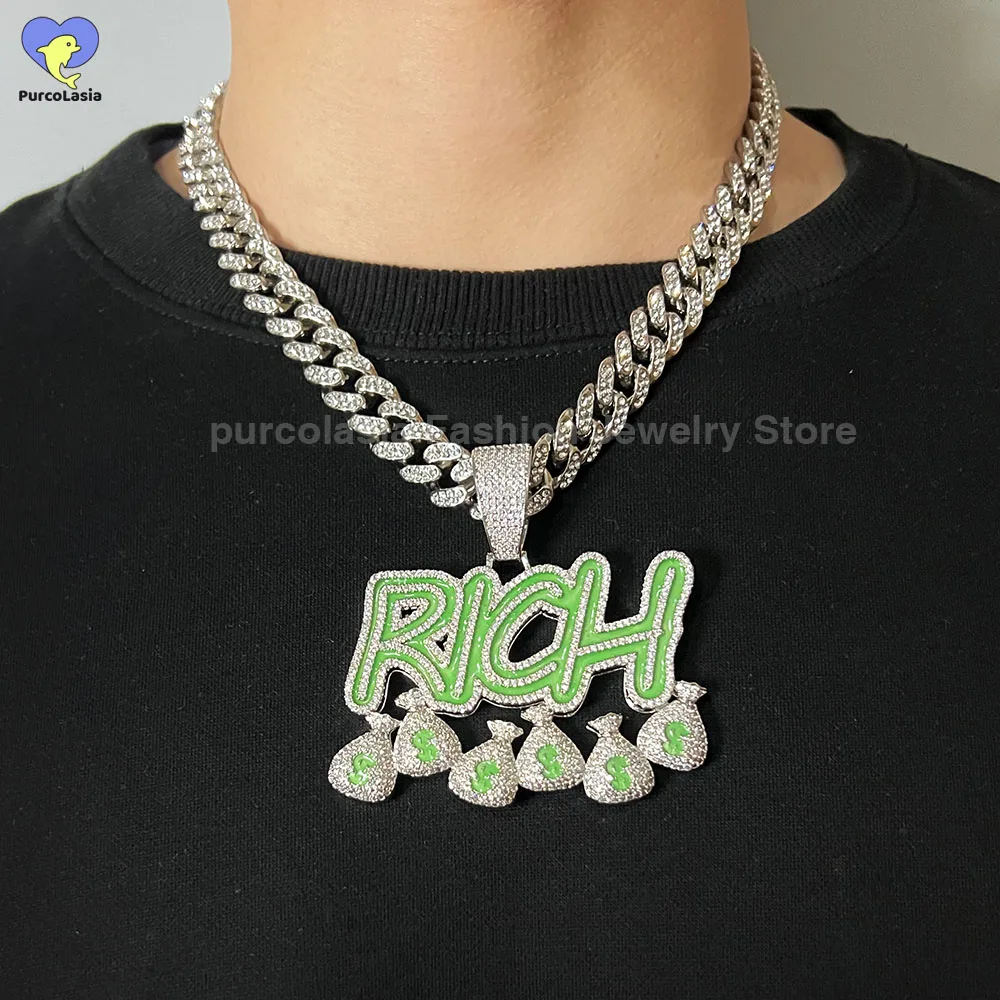 New Letter Rich Money Bag Pendant Inlaid AAAAA Cubic Zirconia Drop Oil Luminous Hip Hop Jewelry Iced Out Necklace