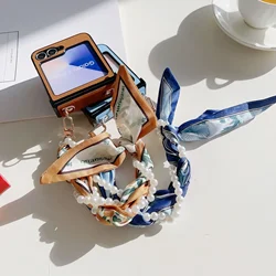 PU Leather Cover with Hinge Protection & Pearl Scarf Wrist Chain Strap Bracelet For Samsung Galaxy Z Flip 6 5 4 3 Phone Case
