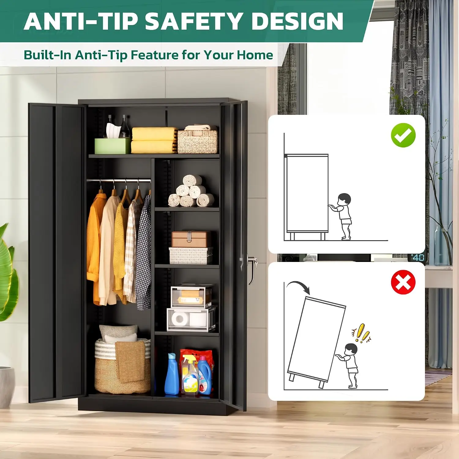 Metal Wardrobe Cabinet with Locking Doors, 72