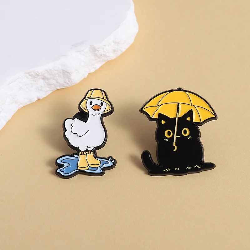 Creative Animal Black Cat Duck Brooch Pins Cute Cartoon Duck Worker In Boots Resting Cat Enamel Lapel Pin Accessory Gift For Fri