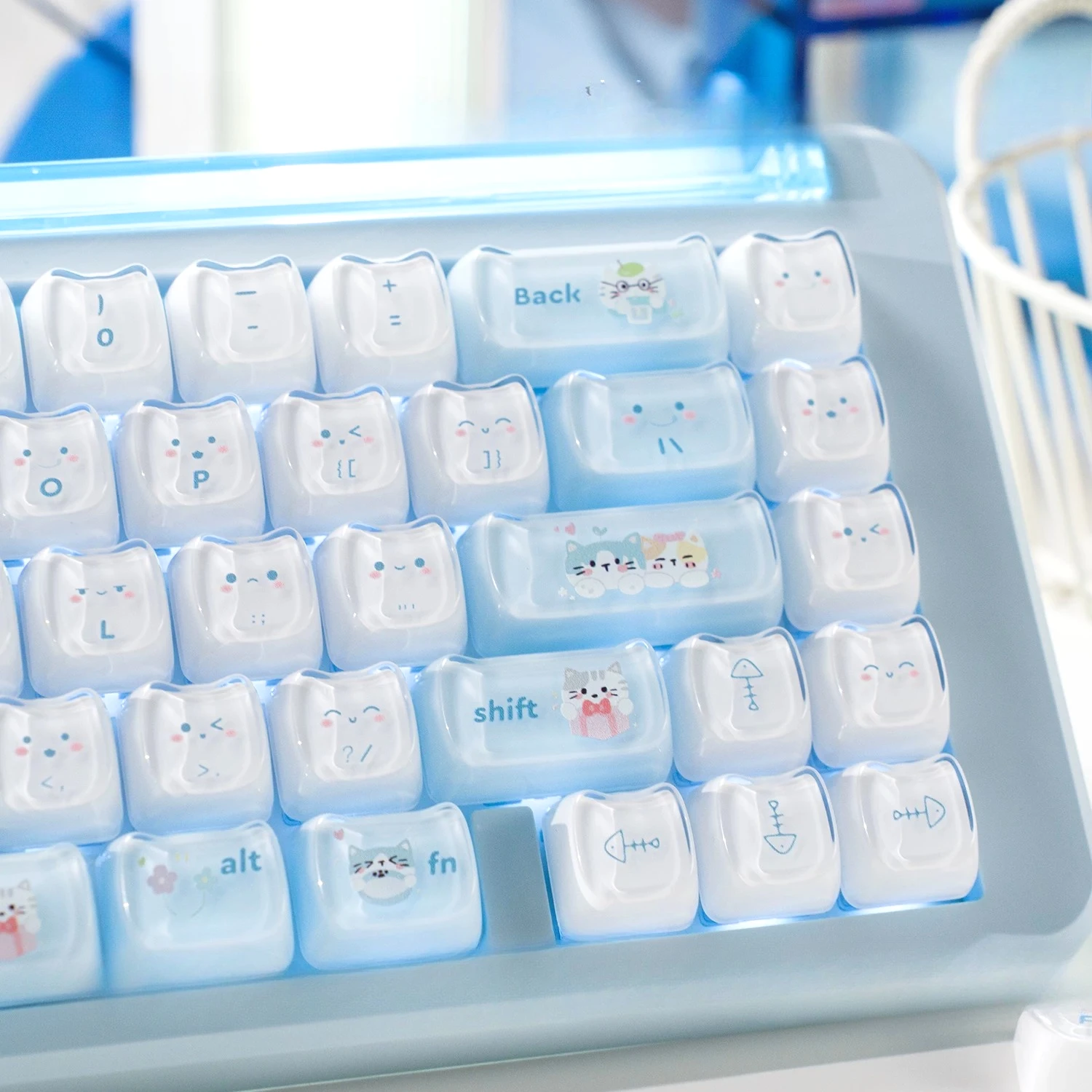 MAIMOOO Crystal Keycap MAO Yugui Meow PC Two-color Jelly Pudding Cat's Ears Pink Blue Keyboard Jello Keycaps
