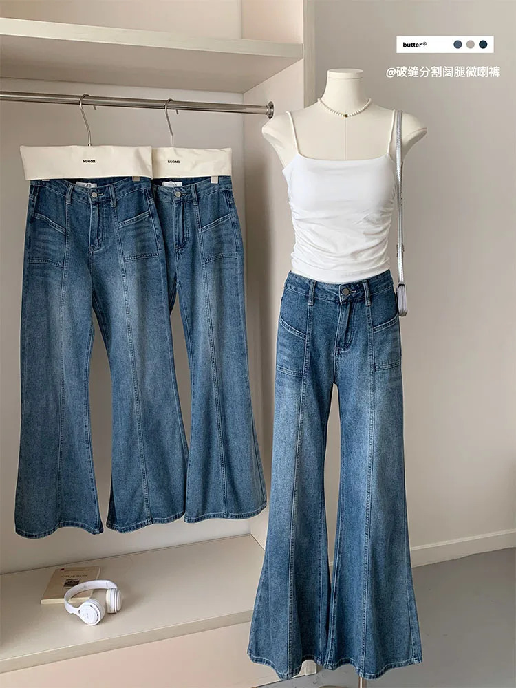 

Summer 2024 Fashion Design Loose Straight Trousers Denim High Waist Bell Bottoms Women Sexy Blue Bleached Jeans Pants New Trend