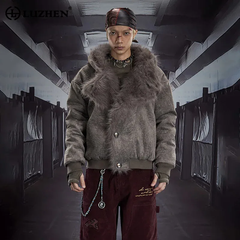 

LUZHEN 2026 Winter New Solid Color Hooded Padded Coat Men Stylish Handsome Thickened Warm Faux Fur Patchwork Parka Jacket JY5905