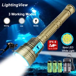 Ultra Bright 9xT6/L2 Underwater Lantern Scuba Diving Flashlight Yellow/White 8000LM Tactical Spearfishing Torch 26650 Battery