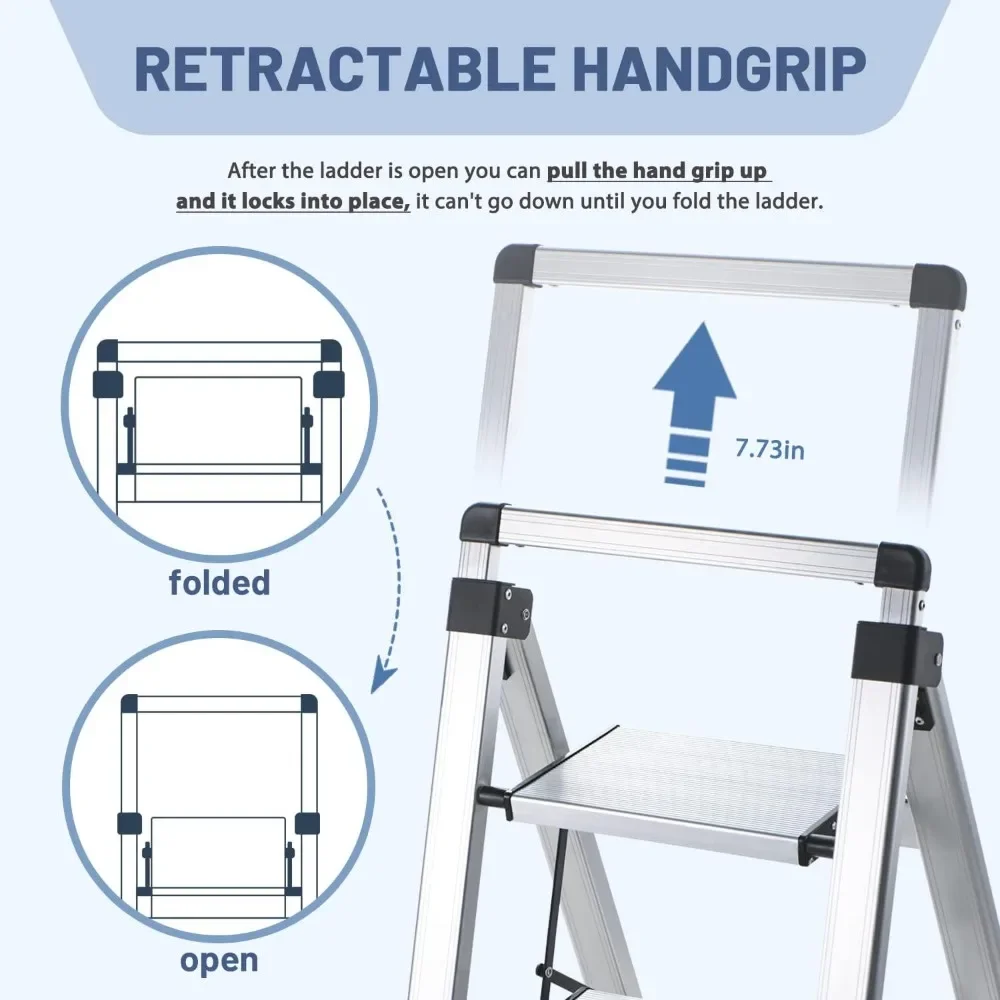 Retractable Handgrip Folding Step Stool with Anti-Slip Wide Pedal, Aluminum Stool Ladders 4 Steps