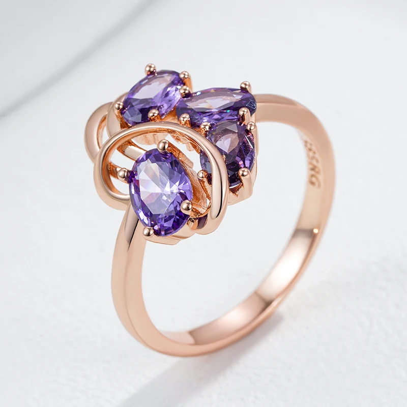 Kinel Hot Ethnic Wedding Ring for Women Fashion 585 Rose Gold Color With Shiny Purple Natural Zircon Daily Fine Vintage Jewelry