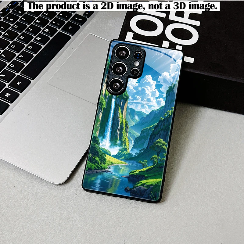 2D Printed Black Glass Phone Case, Magnificent Canyon Waterfall Scenery, Shockproof Cover for Samsung S & A Series