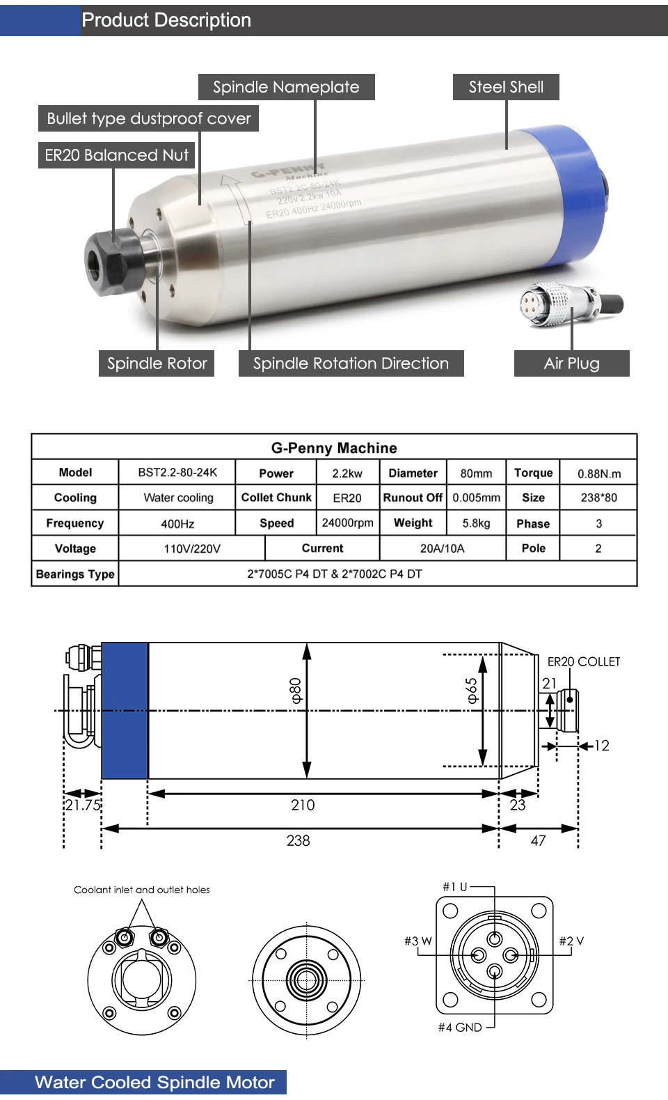 G-Penny 2,2 kW ER20 Bullet Wassergekühlter CNC-Spindelmotor 220V 380V 4 Keramiklager Komplettset VFD-Wechselrichter 80mm Klemmung Wasserpumpe – Detail 3